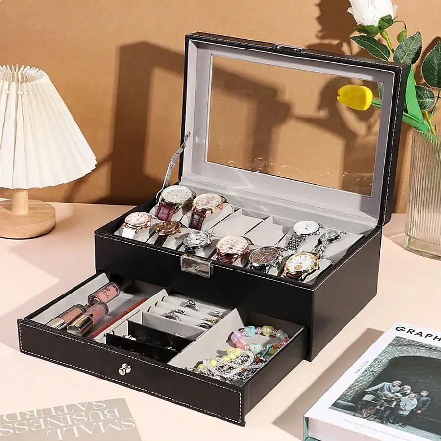 12-Slot Watch Box with Drawer, - Watch Display Box ulasan dan harga