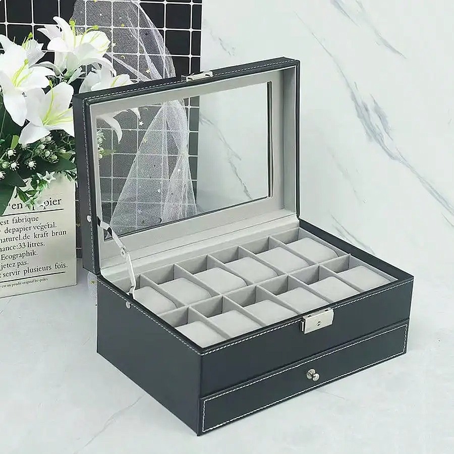12-Slot Watch Box with Drawer, - Watch Display Box ulasan dan harga